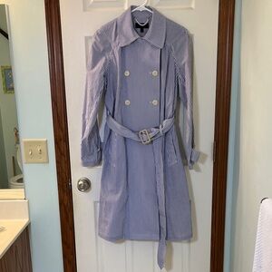 J. Crew Blue White Pin Striped Belted Trench Coat Dress 100% Cotton Women’s 8